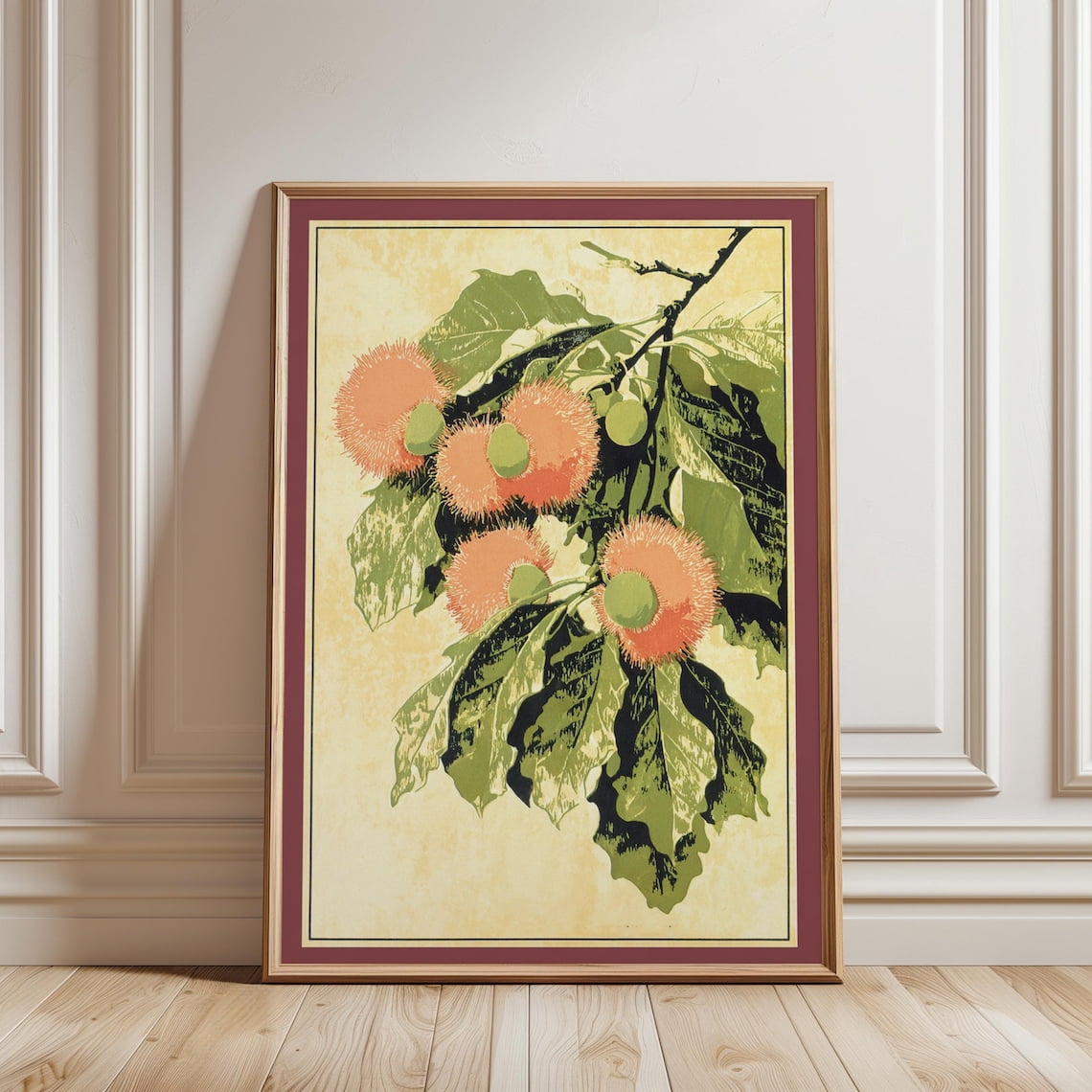 Chestnut Branch Vintage Botanical Illustration Green Orange Beige ...