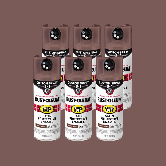 6 Pack, Chestnut Brown, Rust-Oleum Stops Rust Custom Spray 5 in 1 Satin Spray Paint-376877, 12 oz