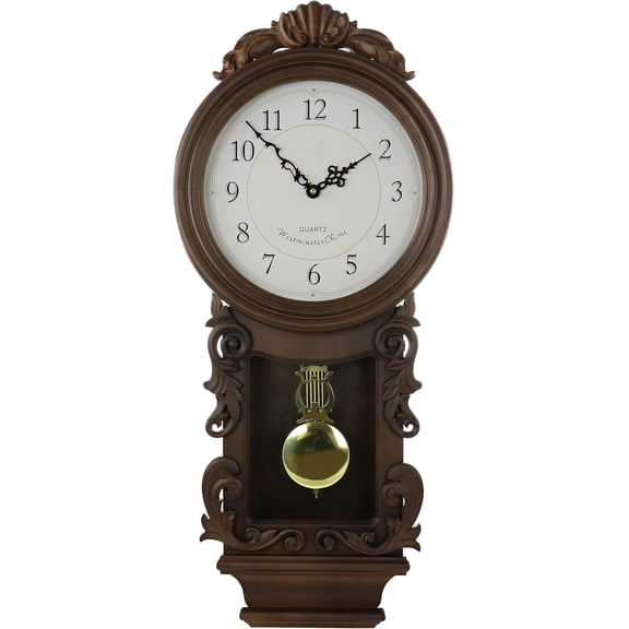 Chestnut Chiming Pendulum Wall Clock with Golden Accents, 4 Chime Options and Sleep Mode