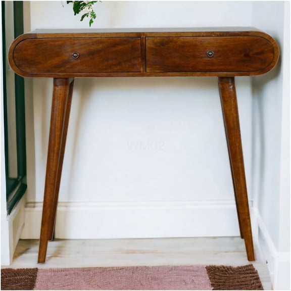 Chestnut Console Table with 2 Drawers, Solid Wood Nordic Entryway Sofa Table