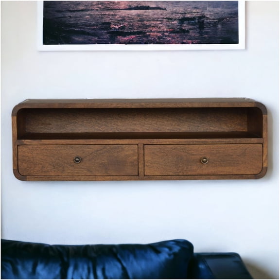 Chestnut Floating Console Table with 2 Drawers and Open Shelf, Solid Wood Entryway Sofa Table