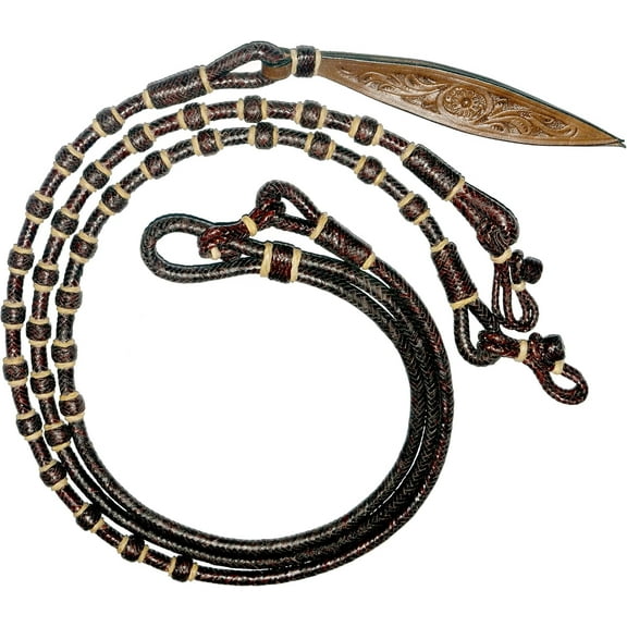 Chestnut Hand-Braided Ranch Rope Reins Matching Knots, Rawhide Leather, Romel Style, 8.5 Ft Rein, 52" Romel