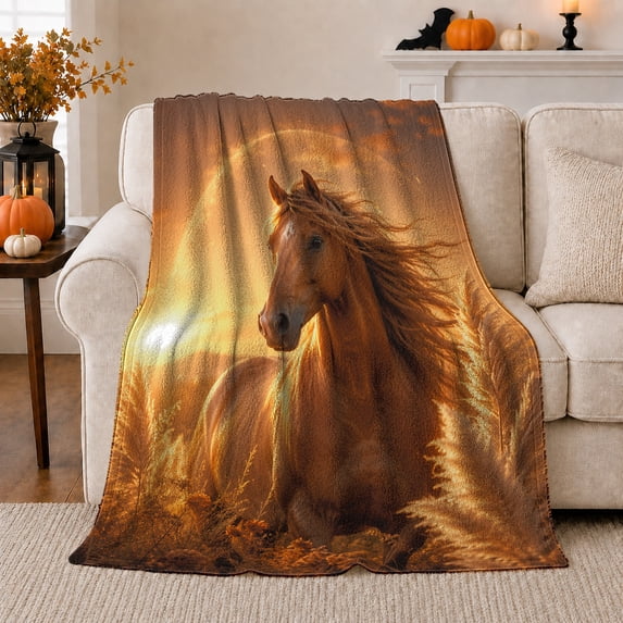 Chestnut Horse Portrait Among Golden Meadow Grasses, Cozy Flannel Blanket with Warm Equine Painting Print, Housewarming Gift for Horse Portrait Enthusiasts, Home Decor for Bedroom and Living Room