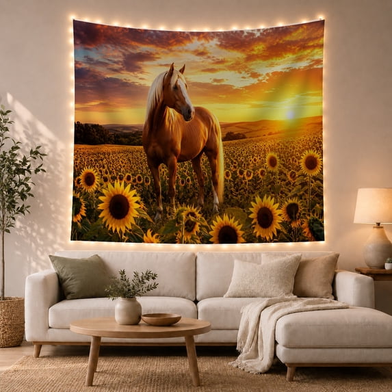 Chestnut Horse in a Sunflower Field Under Sunset Clouds, Serene Digital Art for Nature Lovers, Equestrian Decor, New Home Gift, Tapestry Wall Hanging for Bedroom and Living Room