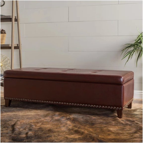 Chestnut Leather Storage Ottoman Bench, Tufted Upholstered Foot Rest with Hinged Lid for Living Room, Bedroom