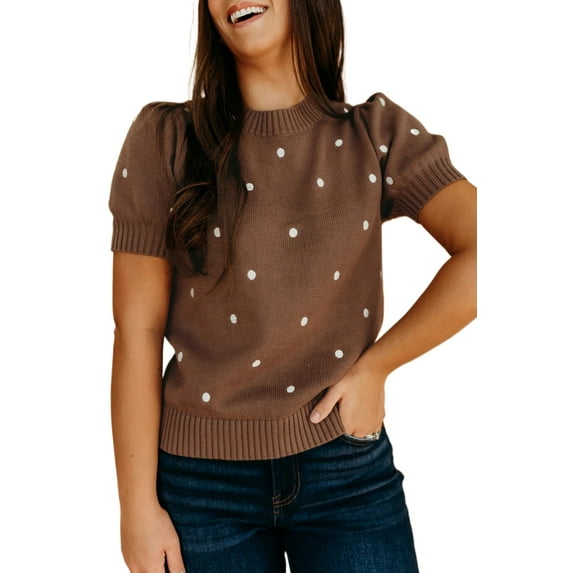 Chestnut Polka Dot Bubble Short Sleeve Sweater for Women – Casual Summer Style, XL