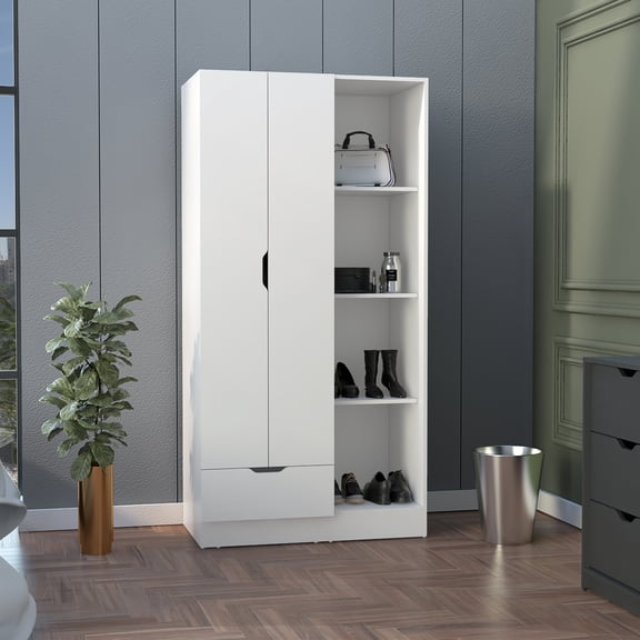 Chests Of Drawers, Memphis Wardrobe Armoire with 4-Tier Storage Shelves and 1 Drawer White, White Dressers,Particle Board Wooden Dressers, Furniture Bedroom Furniture Dressers, Chests & Wardrobes