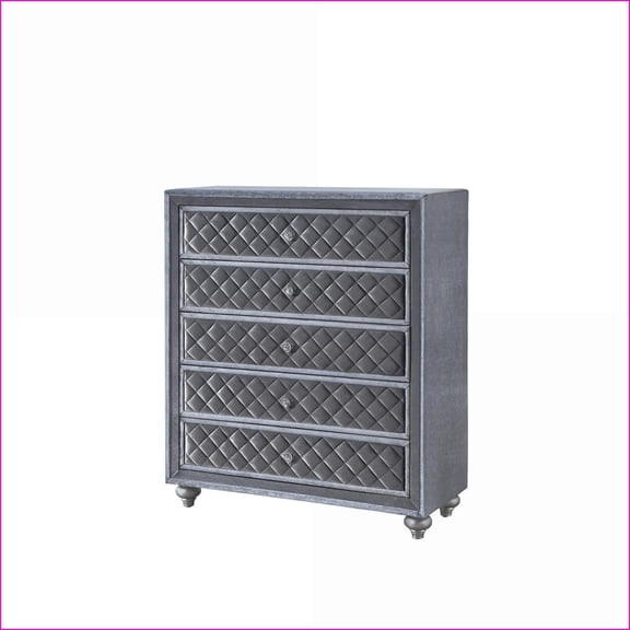 Chests, Glam Traditional 5-Drawer Chest with Velvet Tufted Fronts & Faux Crystal Knobs | Gray | Wood