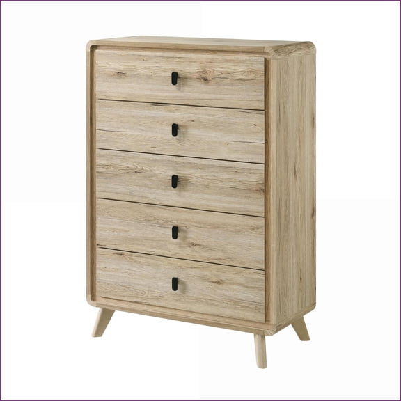 Chests: Mid-Century Tall Storage Chest with 5 Drawers | Beige | Wood-Inspired Finish