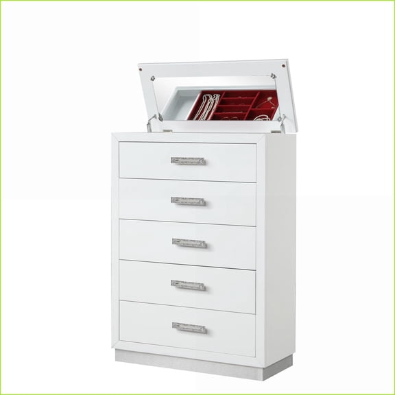 Chests, Modern 5-Drawer Mirror Lid Chest with Jewelry Tray | White | Wood