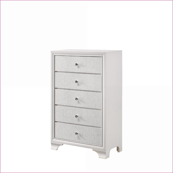 Chests, Modern Glam White Frost 5-Drawer Wooden Chest with Embossed Crocodile | White | Solid Wood