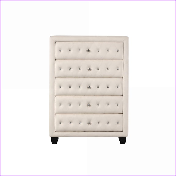 Chests, Modern Hollywood Regency 5-Drawer Crystal Tufted Velvet Chest | Cream | Wood