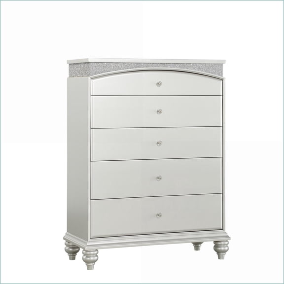 Chests | Platinum 5-Drawer Chest with Crystal Knobs | Silver | Synthetic Wood