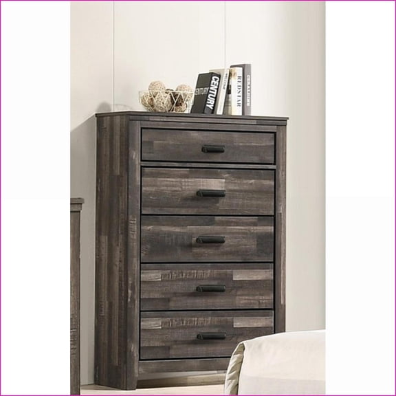 Chests: Rustic Contemporary Brown Wooden Chest with 5 Storage Drawers | Antique Brown | Wood