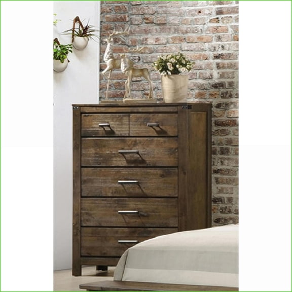 Chests: Rustic Industrial Solid Wood Five-Drawer Chest | Brown | Wood