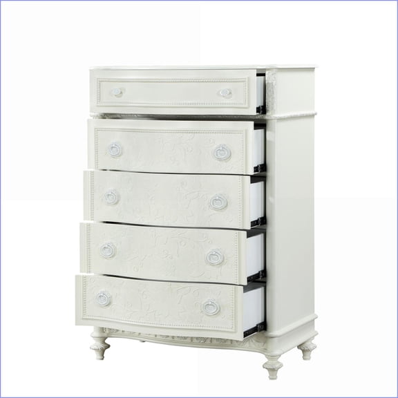 Chests & Wardrobes, Traditional 5-Drawer Ivory Pine Wood Chest with Open Shelf | Ivory | Wood