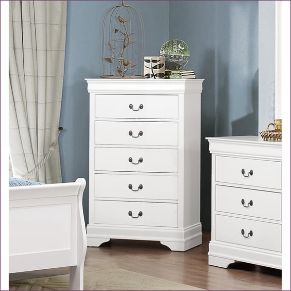 Chests, Traditional White Wood 5-Drawer Chest with Antique Brass Handles | White | Wood
