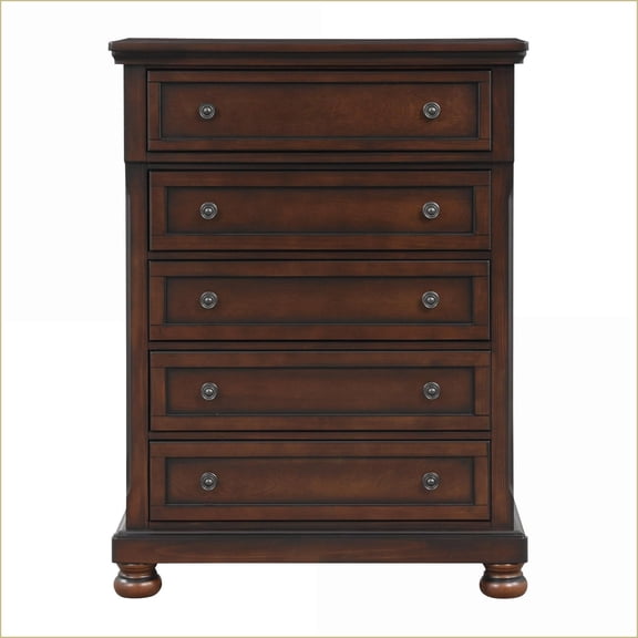 Chests, Transitional 5-Drawer Chest with Brown Cherry Finish Birch Veneer | Brown Mix | Wood