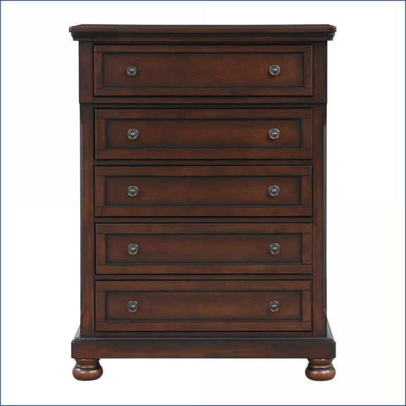 Chests | Transitional 5-Drawer Chest with Brown Cherry Finish, Birch Veneer | Brown Mix | Wood