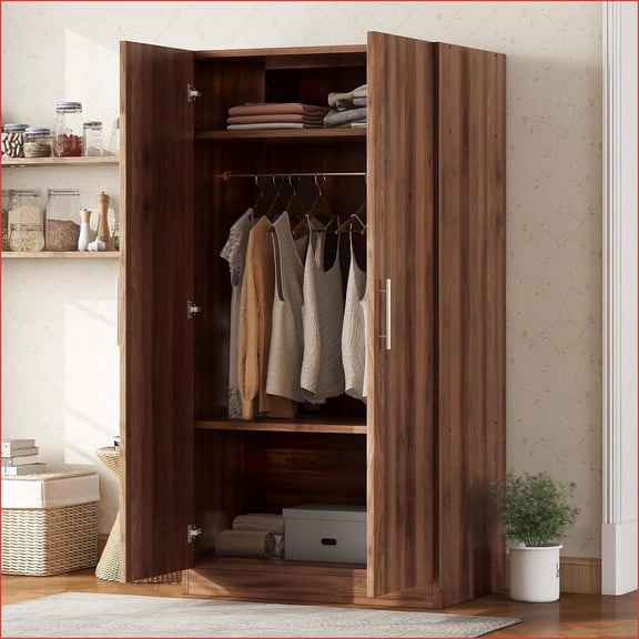 Chests & Wardrobes: 2-Door Rustic Armoire with Clothing Rod & 3 Shelves | Brown | Pine Wood + MDF