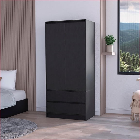 Chests & Wardrobes, Black 2-Drawer Armoire with Hanging Rod | Wenge | Wood