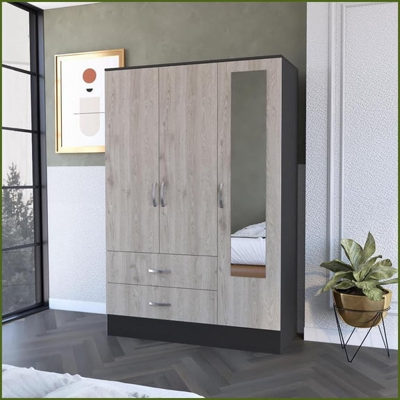 Chests & Wardrobes: 2-Drawer Mirrored Armoire with Hanging Bar | Black Wengue & Light Grey | Wenge | Particle Board