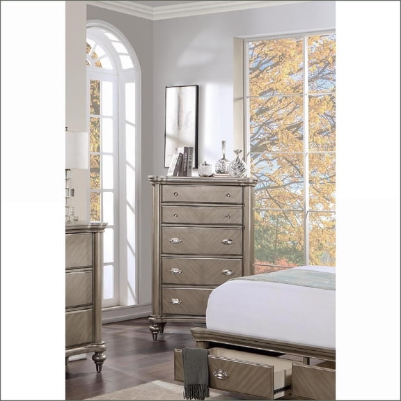 Chests & Wardrobes | 5-Drawer Contemporary Luxury Chest - Antique Silver/Champagne Finish | Antique Silver | Solid Wood