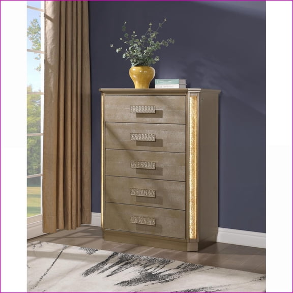 Chests & Wardrobes | 5 Drawer LED Accent Chest, Gold Copper Snake Skin Finish | Gold | Wood