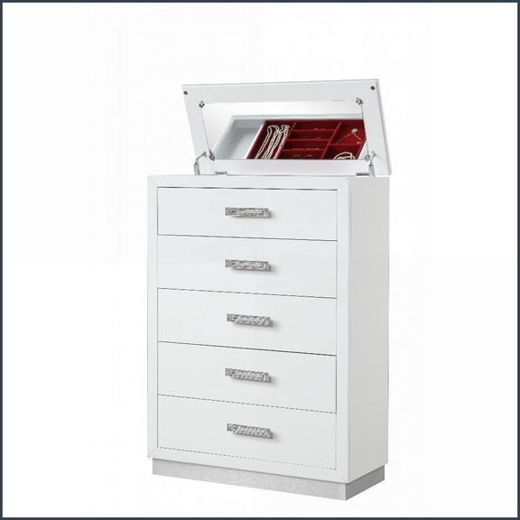 Chests & Wardrobes: 5-Drawer Mirror Lid Chest with Jewelry Tray, Weathered White | White | Wood