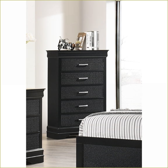 Chests & Wardrobes 5-Drawer Modern Black Solid Wood Tall Chest with Crocodile Texture Crystal Tufted Handles | Black | Wood