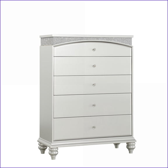 Chests & Wardrobes | 5-Drawer Platinum Finish Chest with Arched Top | Crystal Knobs | Silver | Synthetic Wood