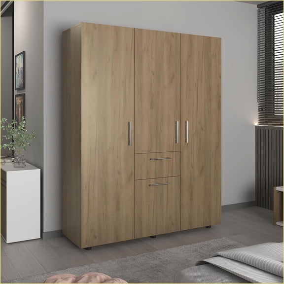 Chests & Wardrobes | 70" High 4-Door 1-Drawer Armoire with Hanging Rods, Shelves | Modern Natural Oak | Beige | MDF
