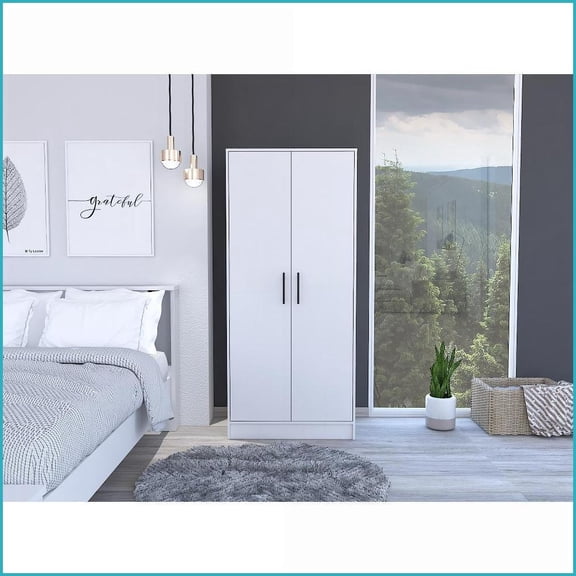 Chests & Wardrobes | Ambery 71 Armoire with Double Doors, Shelves, Hanging Rod & Drawer | White | Particle Board