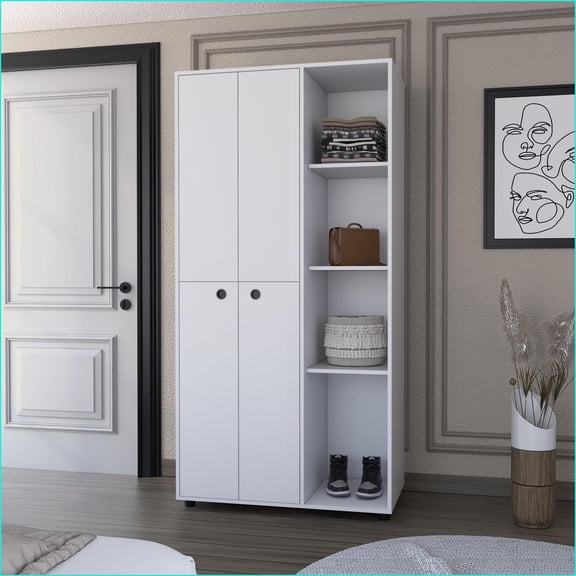 Chests & Wardrobes | Bethel Slim Storage Armoire with Hanging Rods & Drawer | White | Particle Board