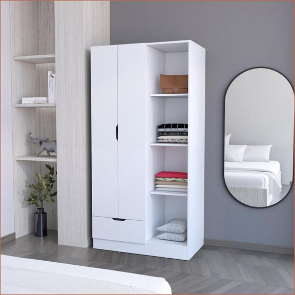 Chests & Wardrobes, Compact 2-Door Armoire with Drawer & Shelves | White | Engineered Wood