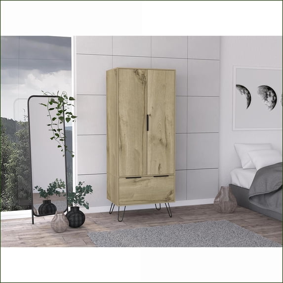 Chests & Wardrobes, Contemporary 2-Door 1-Drawer Wardrobe with Hanging Rod | Light Oak | Particle Board