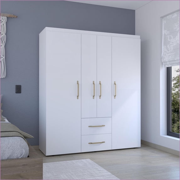 Chests & Wardrobes, Deluxe Modern Armoire with Storage & Metal Accents | White | Particle Board