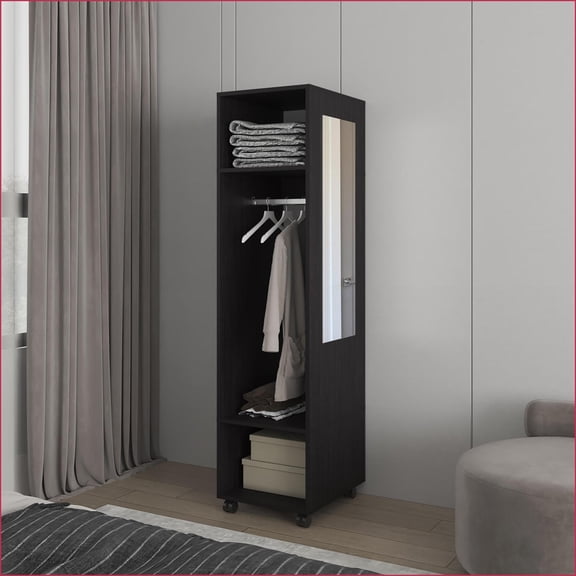 Chests & Wardrobes | Devon Bedroom Wardrobe with Shelves, Rod & Mirror | Modern Engineered Wood | Black