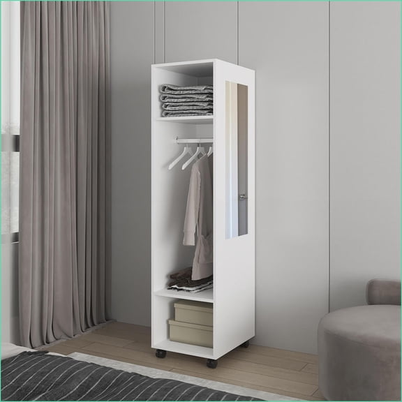 Chests & Wardrobes Devon Bedroom Wardrobe with Shelves, Rod & Mirror | White | Engineered Wood