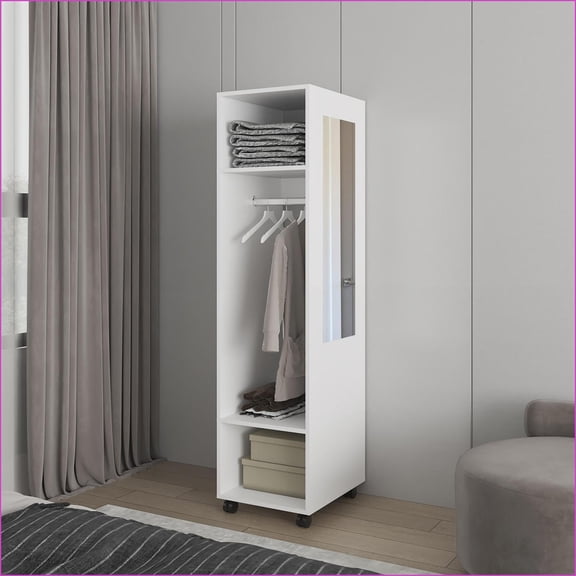 Chests & Wardrobes Devon Bedroom Wardrobe with Shelving, Rod & Mirror | White | Engineered Wood