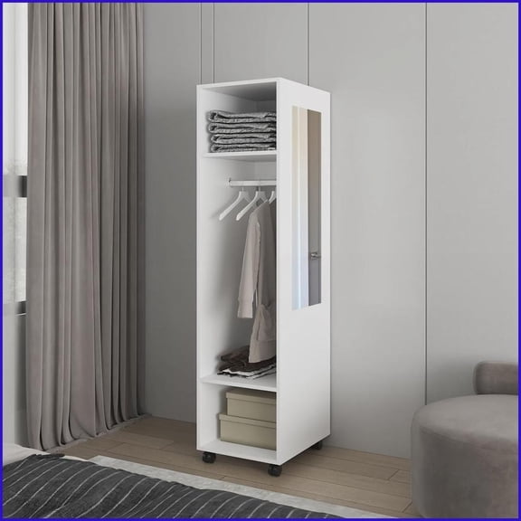 Chests & Wardrobes, Devon White Modern Wardrobe with Shelves, Rod & Mirror | White | Engineered Wood