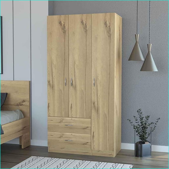Chests & Wardrobes | Eureka Three-Door Armoire with 2 Drawers, Rod & Shelves | Light Oak | Particle Board