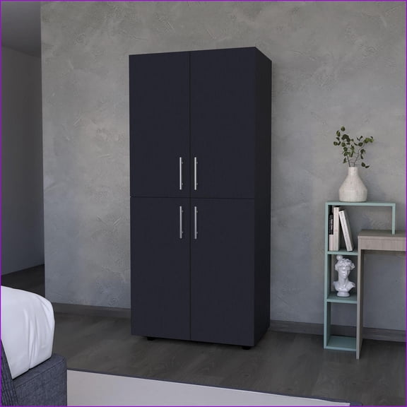 Chests & Wardrobes | FM Furniture Hazel Armoire with 2 Doors, 4 Shelves, 2 Hanging Bars | Black | Melamine