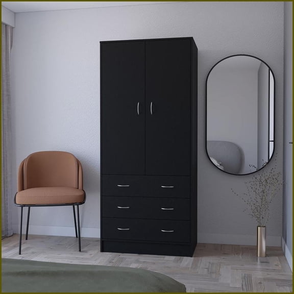 Chests & Wardrobes | FM Furniture Prescott Armoire - 2 Doors, 3 Drawers, Hanging Rod | Black | Particle Board