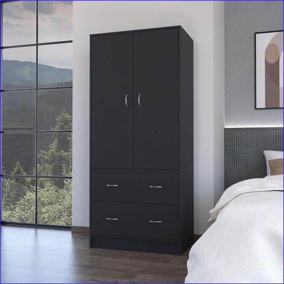 Chests & Wardrobes FM Furniture Wenden with 2 Drawers, 2 Doors & Hanging Rod | Black | Particle Board