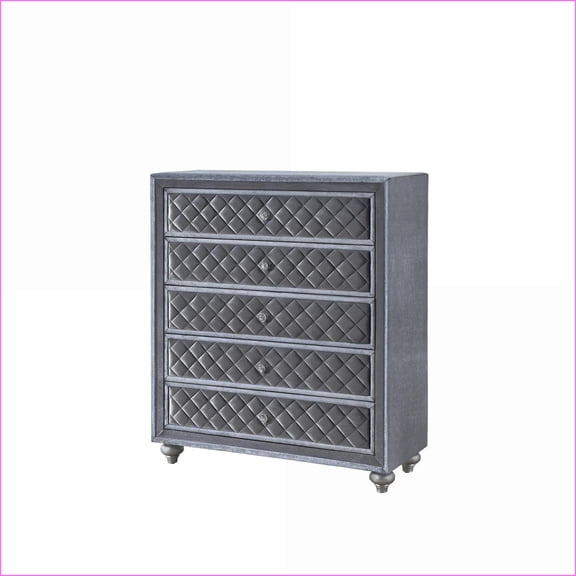 Chests & Wardrobes, Glam 5-Drawer Chest with Velvet Tufted Fronts & Faux Crystal Knobs | Gray | Wood
