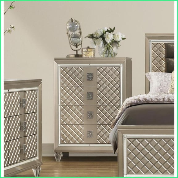 Chests & Wardrobes, Glamorous 4-Drawer Wood Chest with Champagne Finish, Beveled Mirror Trim & Acrylic Feet | Champagne | Wood
