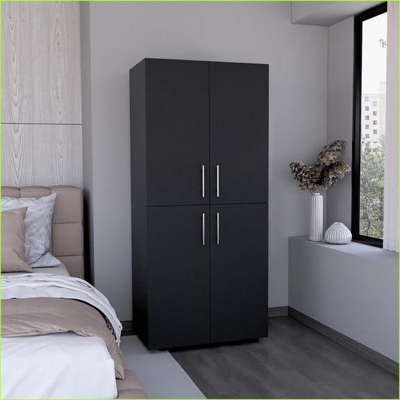 Chests & Wardrobes | Hazel 70.8" Modern 4-Door Armoire with 6 Shelves & 2 Hanging Rods | Black | Laminated Particle Board