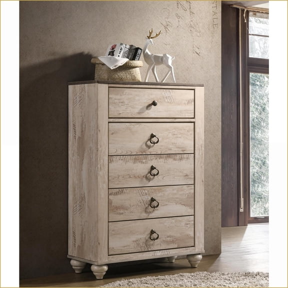 Chests & Wardrobes | Imerland Contemporary Rustic 5-Drawer Chest, White Wash Finish | White Washed | Engineered Wood