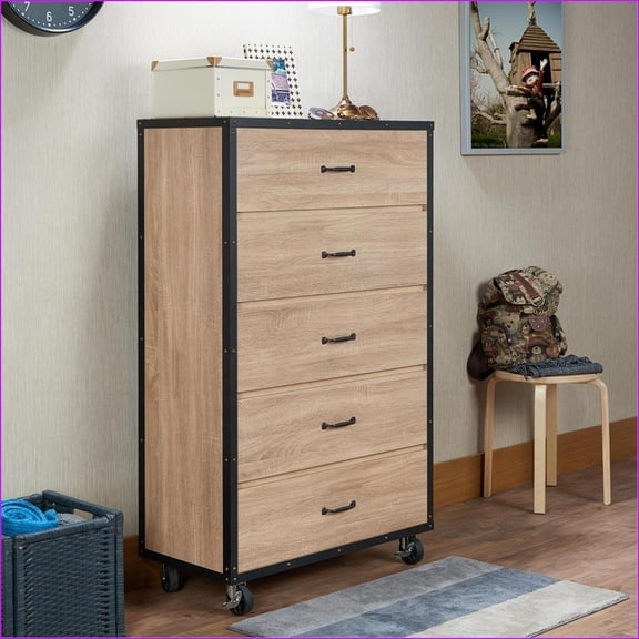 Chests & Wardrobes, Industrial 5-Drawer Chest with Metal Glides & Caster Wheels – Weathered Light Oak | Oak | Particle Board+MDF
